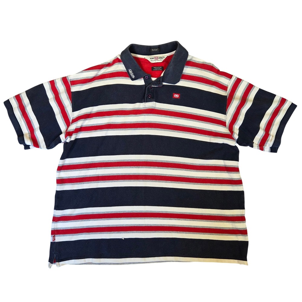 Ecko Unltd The Banks Vintage Striped Polo Shirt Mens 2XL Navy Red Streetwear Y2k